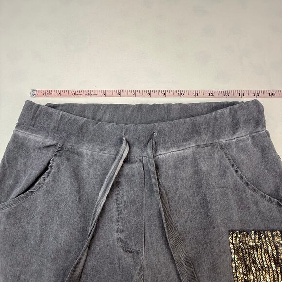 Made In Italy Charcoal Pull On Gray Pants Sequin Patches Wide Drawstring Waist - Picture 9 of 16